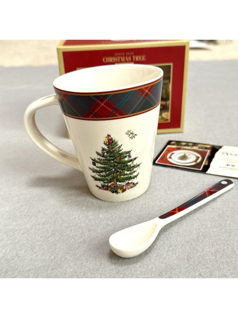 Spode Christmas Tree Tartan Mug and Spoon Set 14 oz Coffee Cup Tea Plaid Holiday